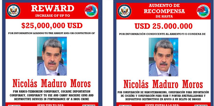EE. UU. ofrece US$25 millones por Maduro; lo acusan de narcoterrorismo